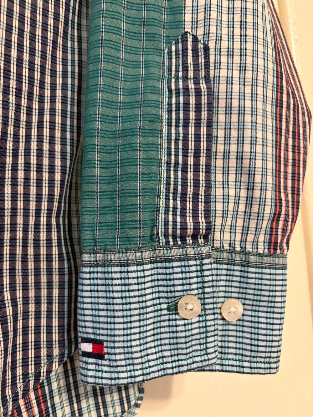 Tommy Hilfiger Men's Green and Blue Mixed-Plaid Button-Down Shirt - Picture 4 of 5